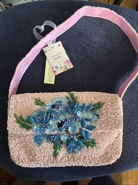 Pink Beaded Shoulder Bag with Blue Floral Appliqué NWT From India To You